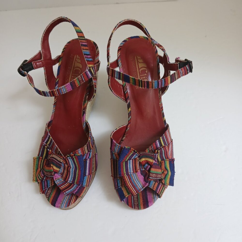Multicolored Striped Fabric Peeptoe Cork&Rope Ankle Strap Wedge Sandals Sz 6.5 - Picture 2 of 13